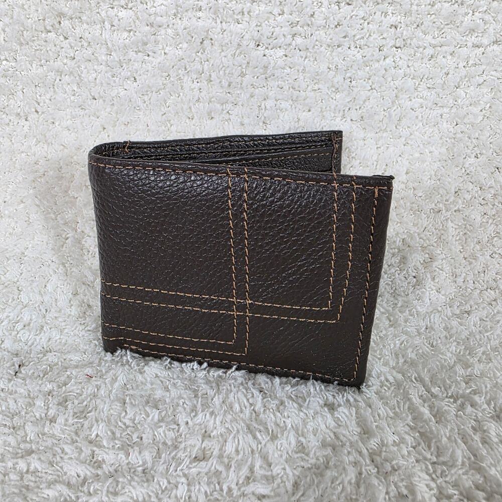 Men's Genuine Leather Bi-Fold Wallet Brown Contrast Stitching Made in Mexico